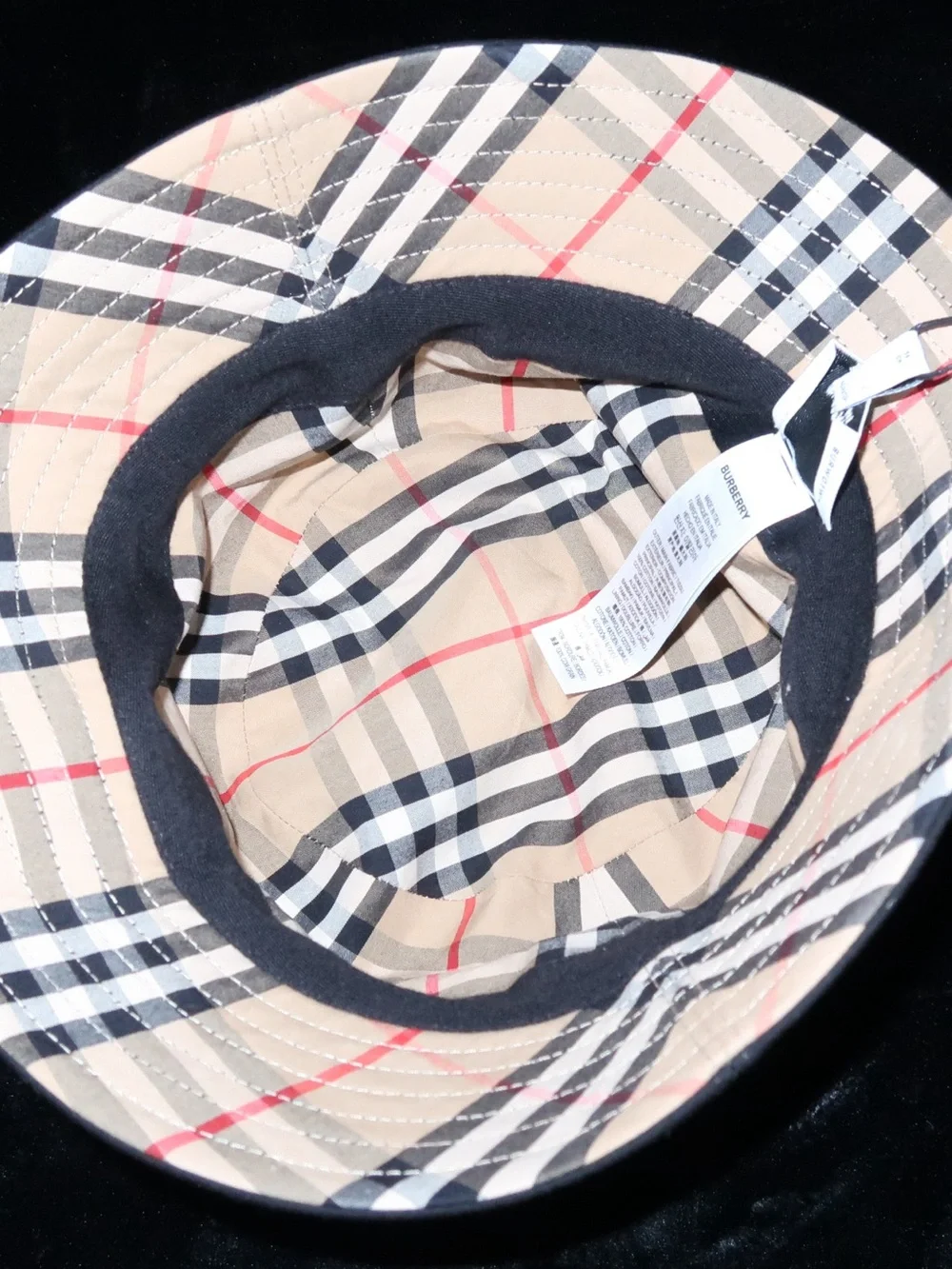 Burberry Beige Plaid Bucket Hat with Black and Red Accents